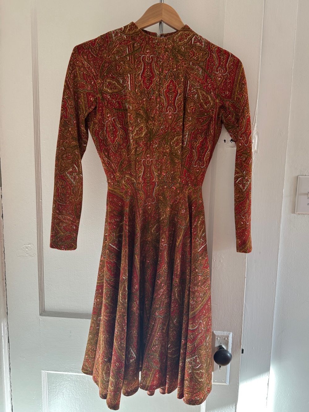 Vintage Paisley Handmade Long-Sleeve Fit & Flare Dress - Red/Olive